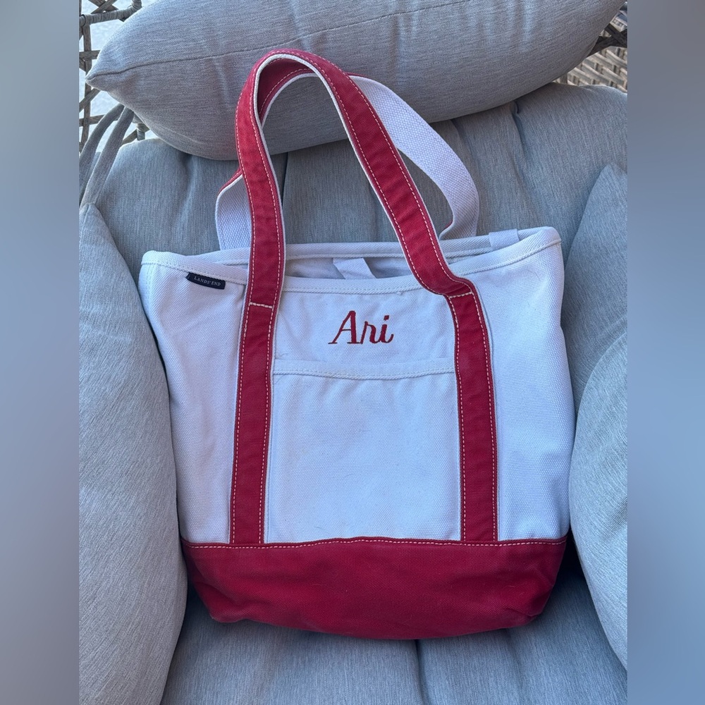 Lands end boat tote type canvas tote bad small red ARI